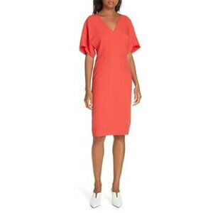 NEW Lewit V-Neck Crepe Midi Dress Short Dolman Sleeve V-Back Solid‎ Light Red 2